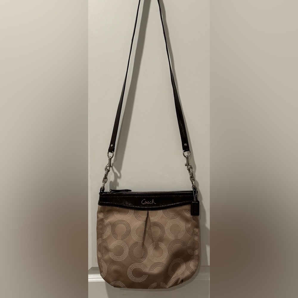 Coach Signature Jacquard Crossbody Bag Brown Leather Trim - Picture 11 of 12
